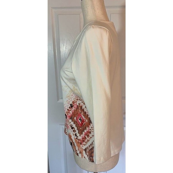 Ruby Road Knit Size Petite Medium Cream with Southwestern Look Design 3/4 Sleeve - Picture 3 of 10